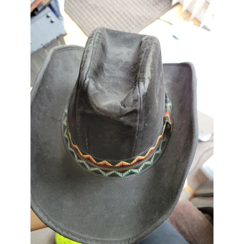 VTG UNITED HATTERS CAP & MILLINERY Black Suede COWBOY HAT SZ XL Colorful Band - Picture 3 of 12